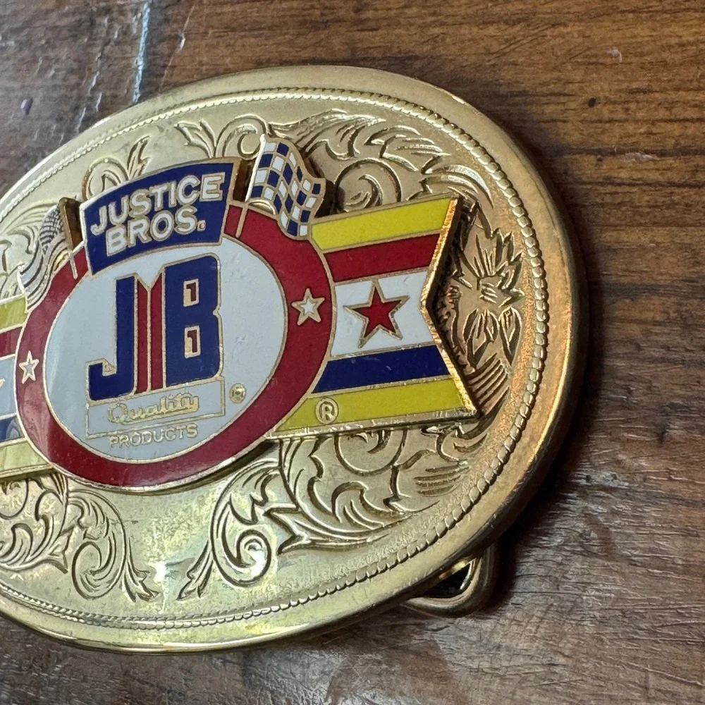 Vintage Justice Bros JB Racing Belt Buckle Gold‎ Tone Western Scrollwork Enamel